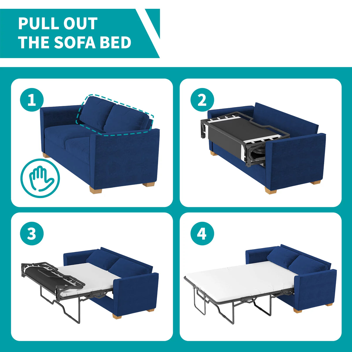 Blue Velvet Pull Out Sofa Bed with Foam Mattress O743