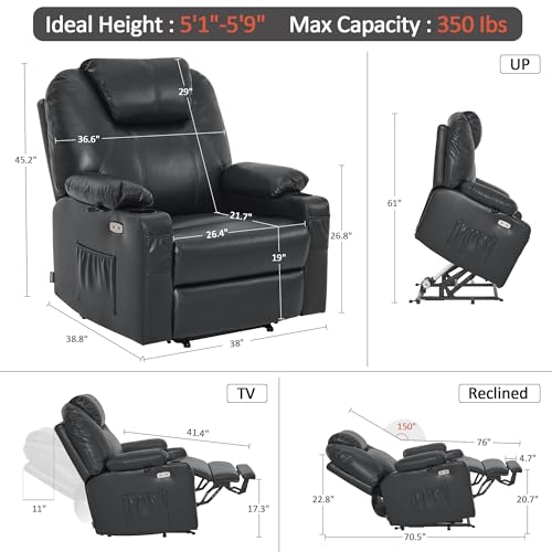 Power Lift Recliner Chair with Heat and Massage, Faux Leather (Black, Medium) Y8668