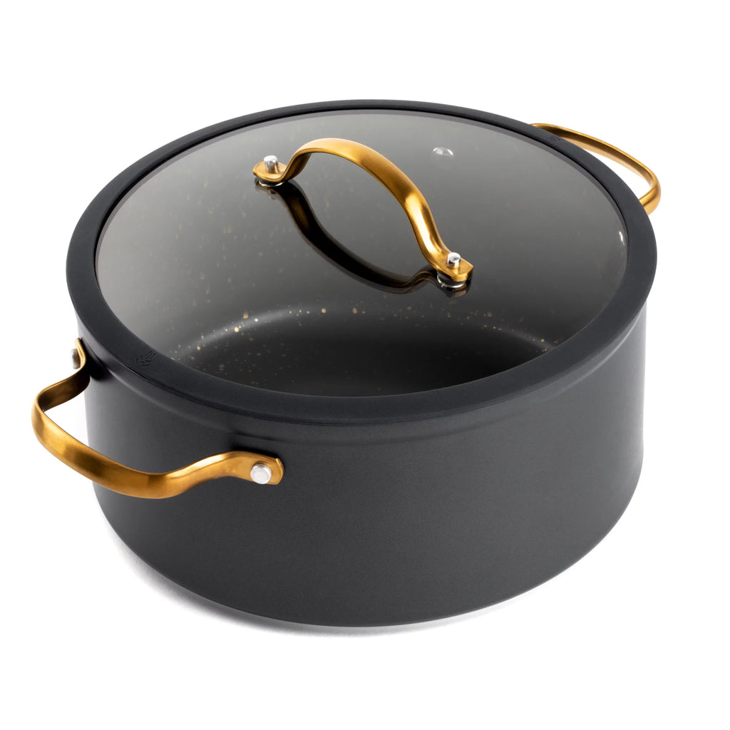 Non-Stick 5 QT Stock Pot with Glass Lid, Black & Gold H413