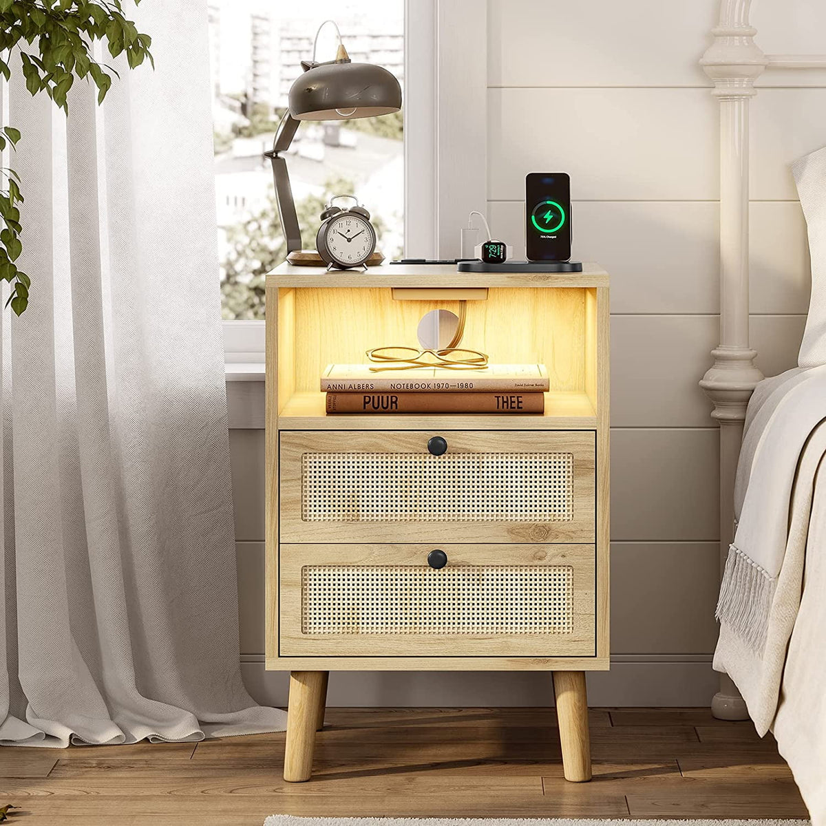 Black Wood Nightstand with 2 Rattan Drawers and USB Ports L480