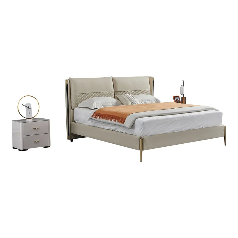 Cream Leather & Metal Cal King Bed I667