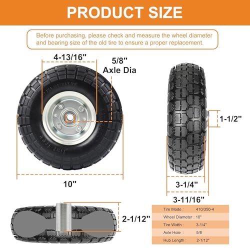 10 Inch 2 Pack Solid Rubber Flat Free Tire and Dolly Wheel with 5/8" Axle H5775