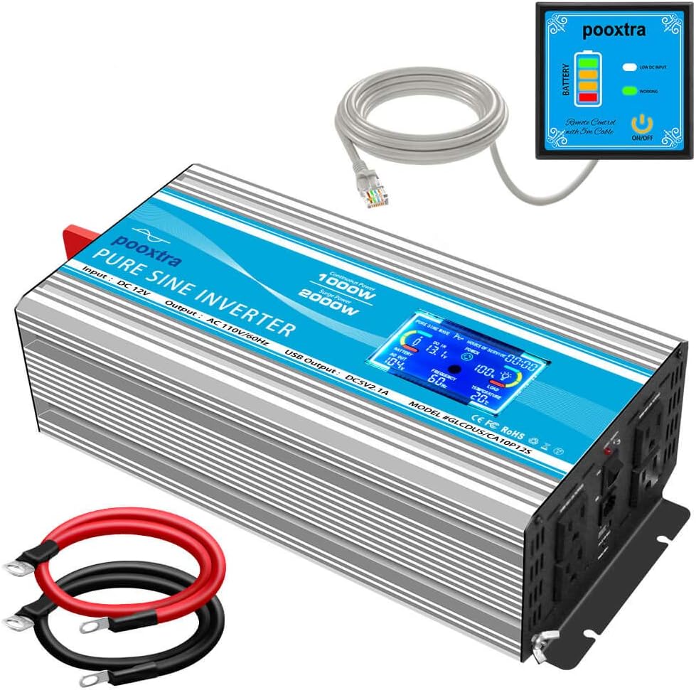 2000 Watt Pure Sine Wave Power Inverter 12V DC to 110V AC with LCD Display USB Port 4 AC Outlets R7298