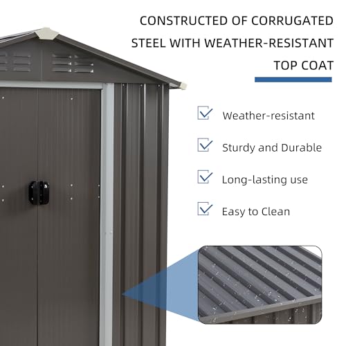 5x3 FT Waterproof Metal Garden Shed with Window and Lockable Double Door Dark Gray D709343