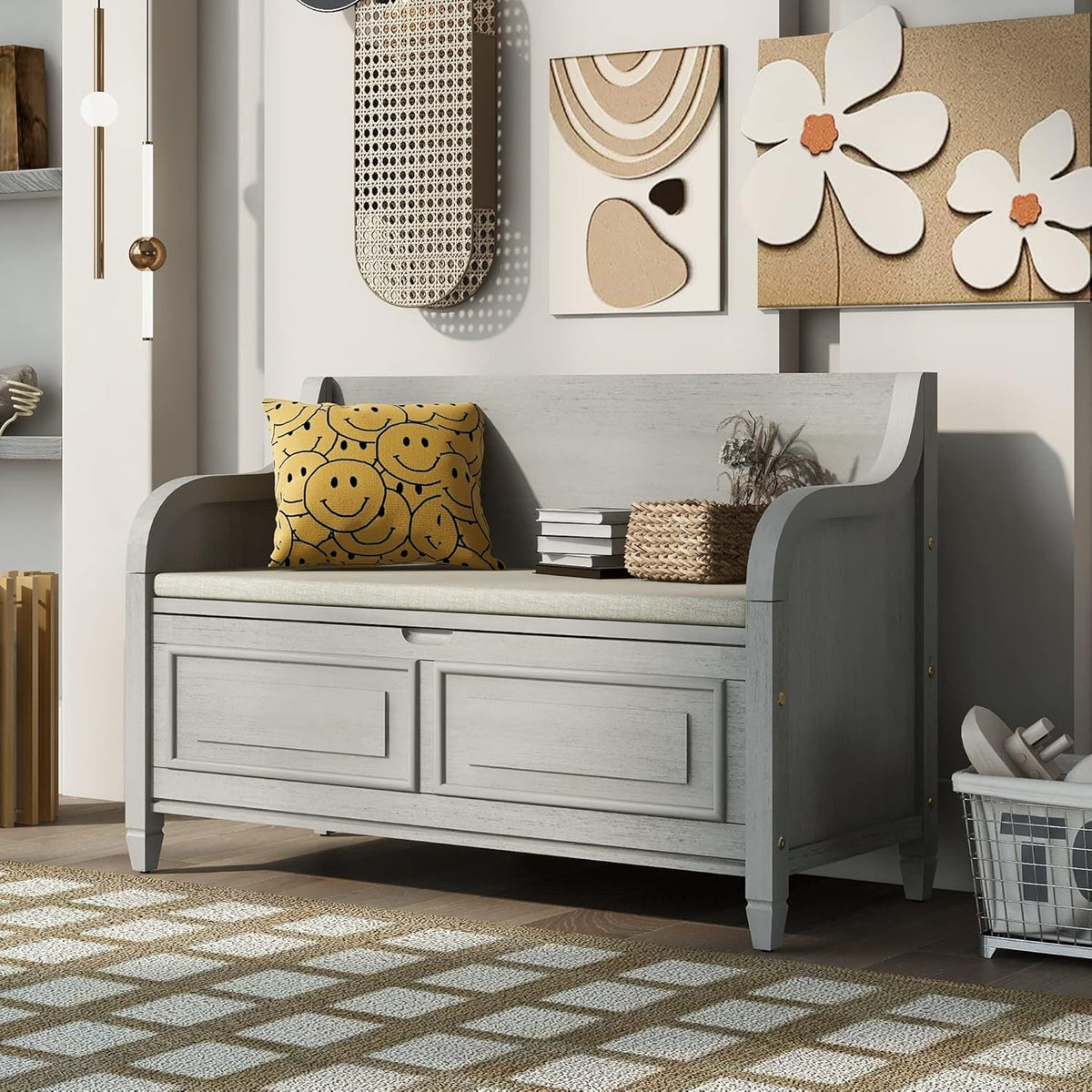 Rustic Storage Bench with Backrest and Hidden Storage, Gray Wash+Beige S6317