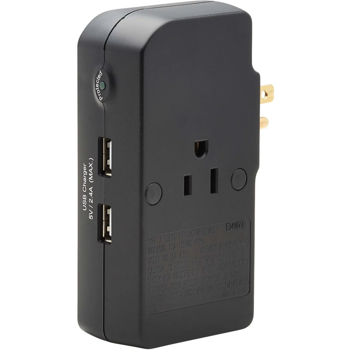 3-Outlet Surge Protector 2 USB Charging Ports Black E912