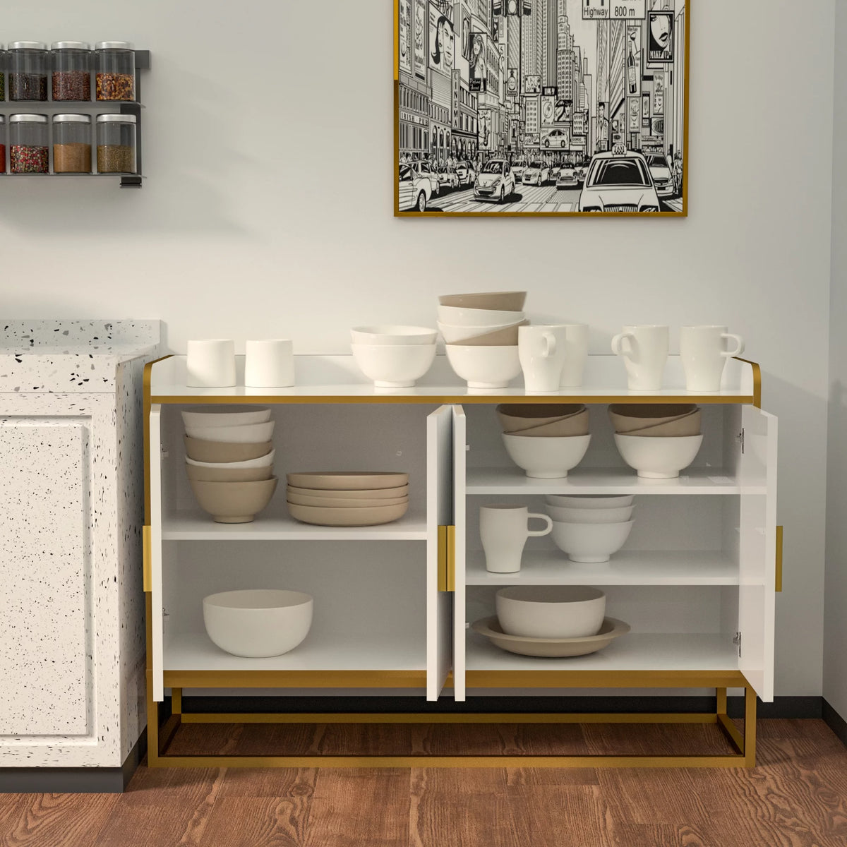 White Gloss Storage Cabinet with Metal Legs E5849