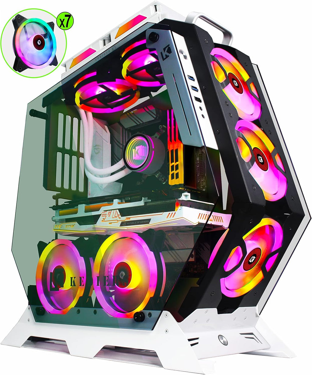 ATX Tower Tempered Glass Gaming PC Case with 7 RGB Fans E2802