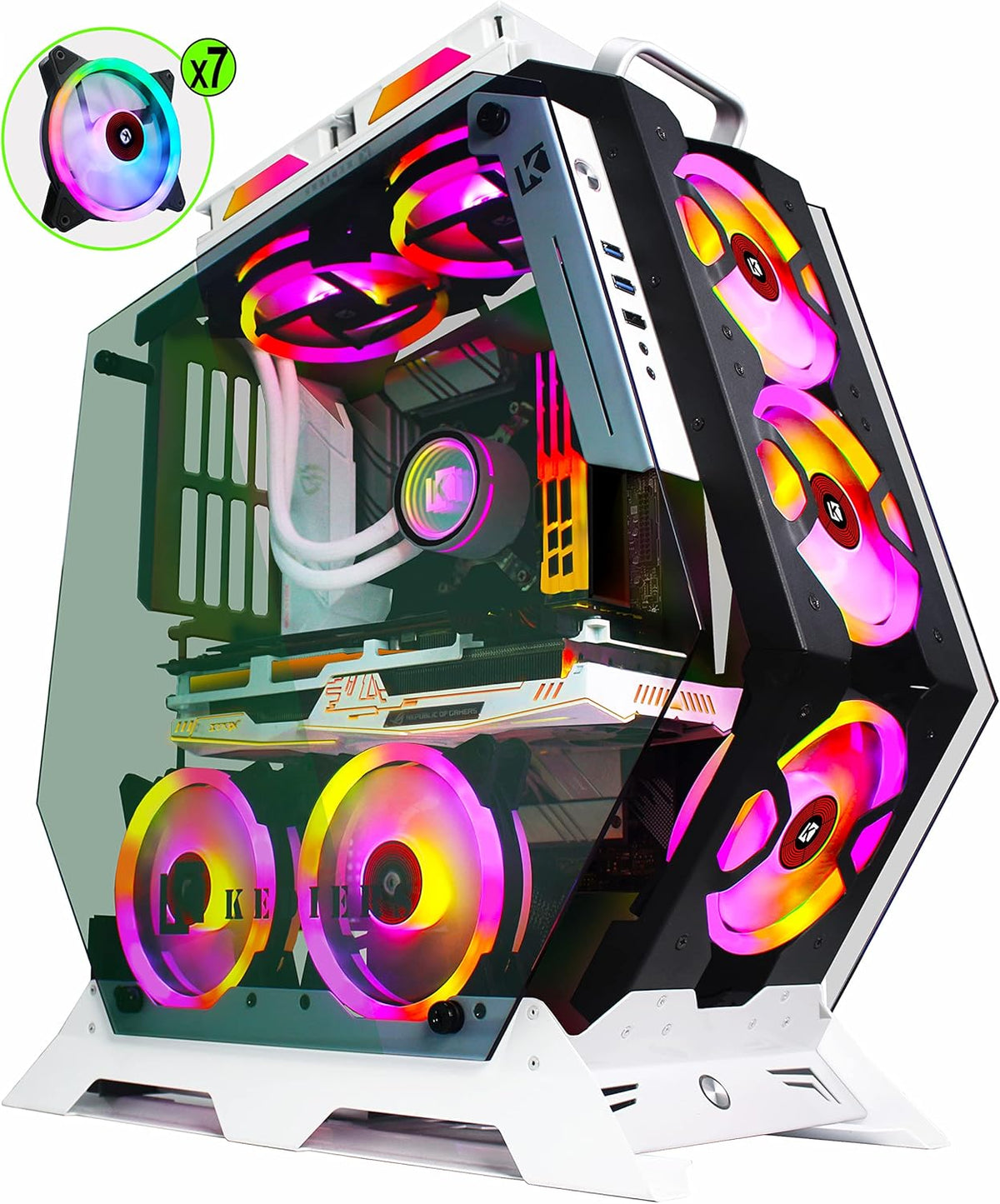 ATX Tower Tempered Glass Gaming PC Case with 7 RGB Fans E2802