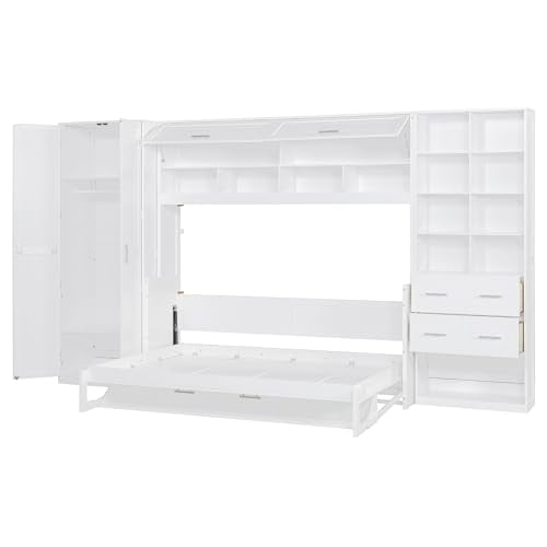 Gray Queen Size Murphy Bed with 5 Drawers and Storage Shelves B5746