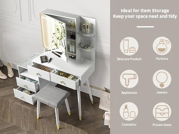 White Lighted Vanity Table Set with LED Nightstand V127