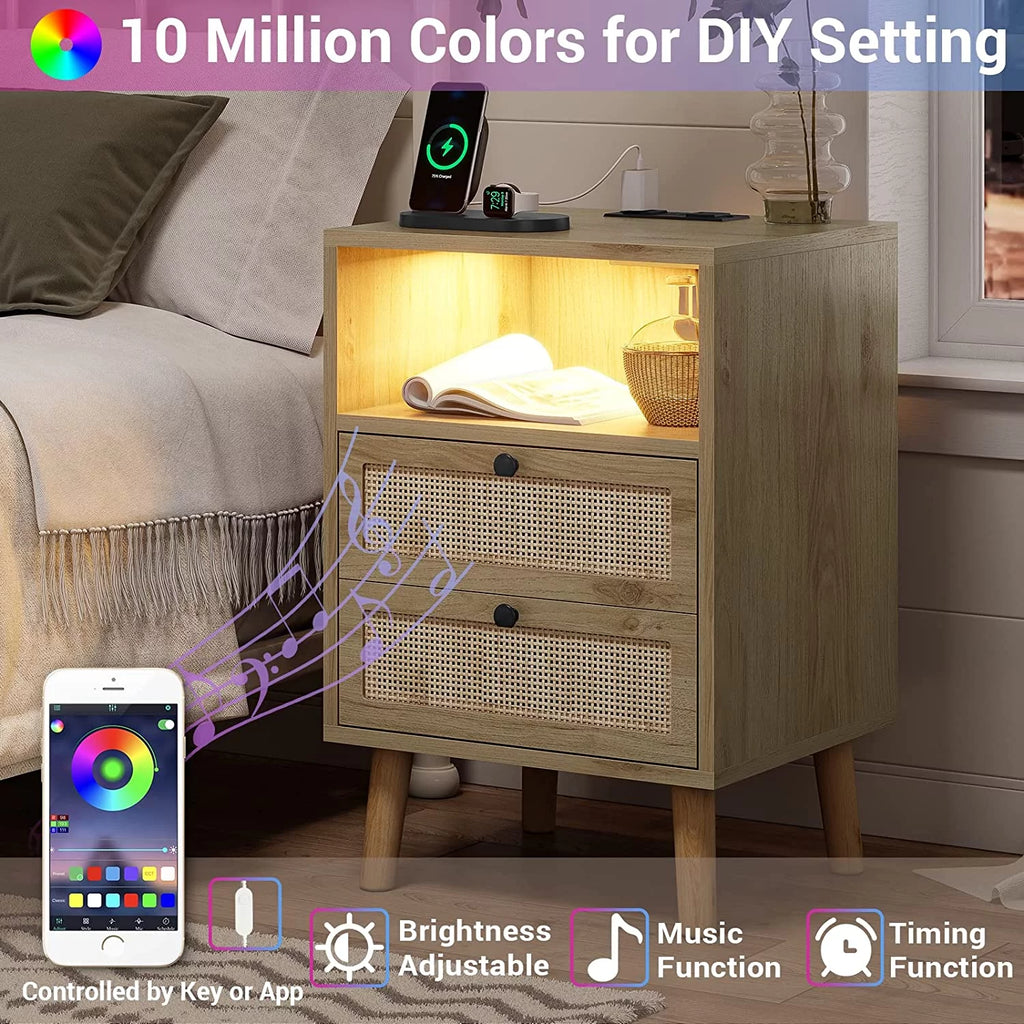 Black Wood Nightstand with 2 Rattan Drawers and USB Ports L480