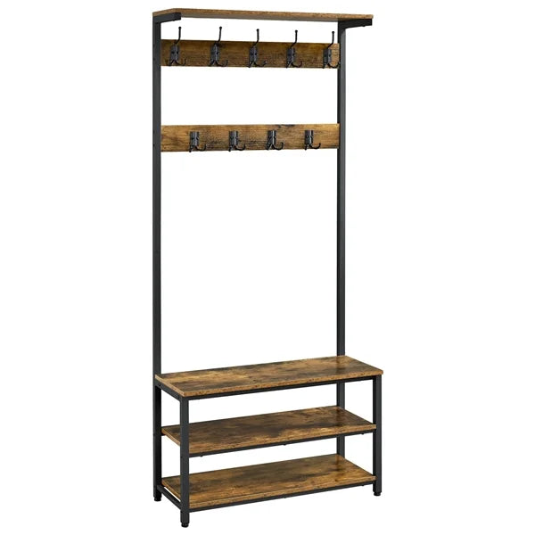 Rustic Brown 3-in-1 Industrial Hall Tree with Shoe Storage & Hooks G610643