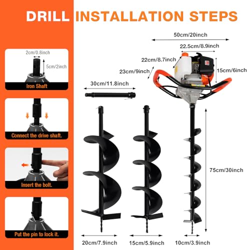 52cc 1700W Gas Powered Auger Post Hole Digger with 3 Drill Bits Z36850