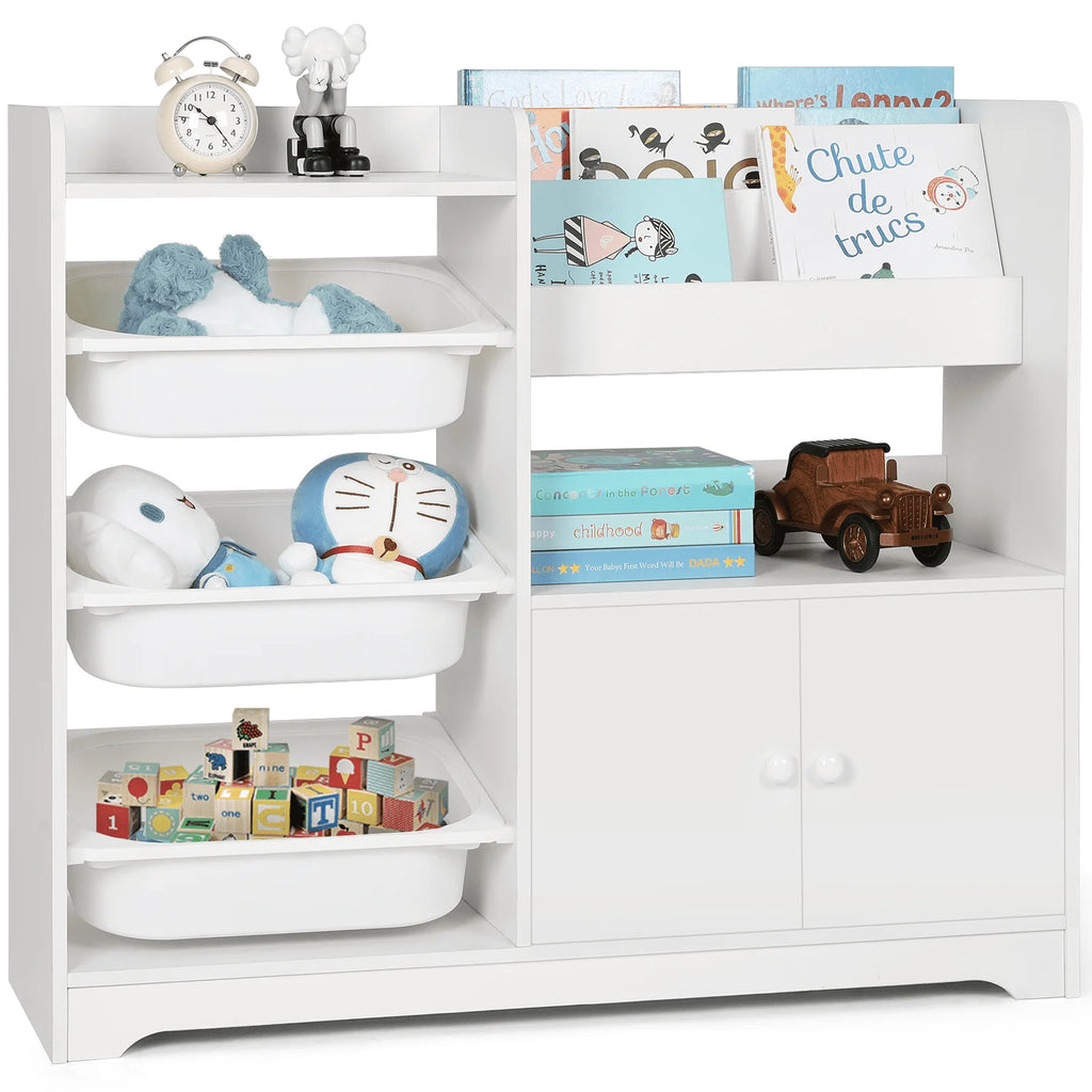 Kids Bookshelf with 3 Removable Toy Bins and 4 Tier Display Stand White L62811