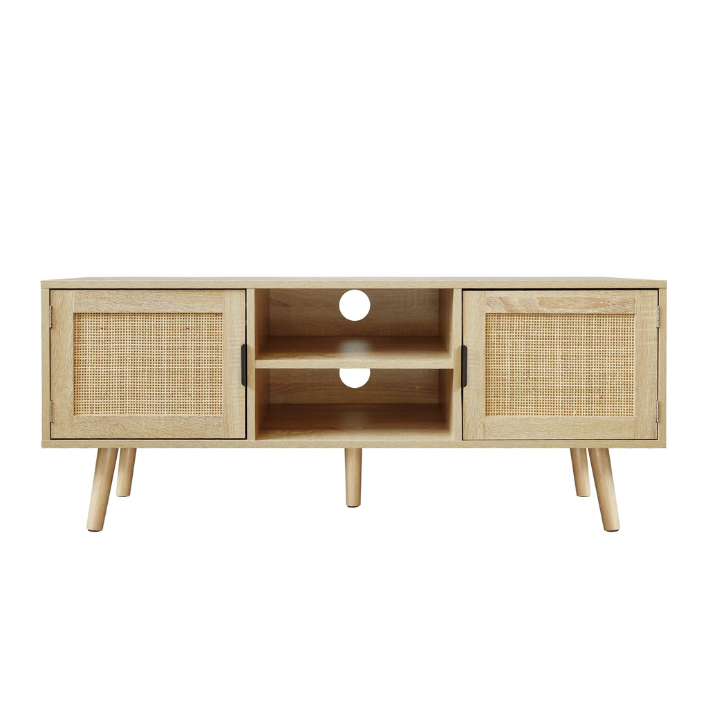 Farmhouse Wood TV Stand for 55 Inch TV with 2 Rattan Doors F270827
