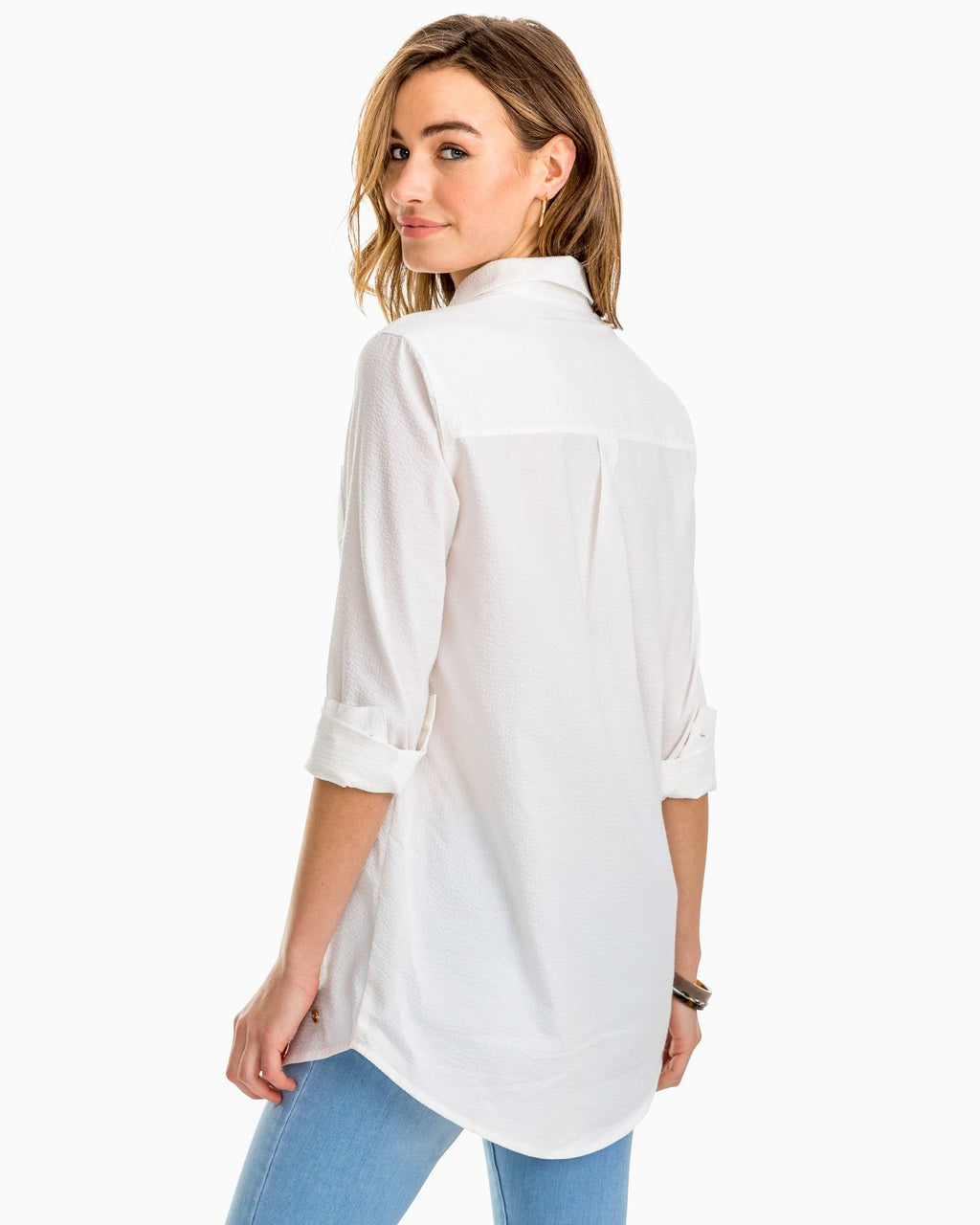 Long Sleeve Seersucker Tunic Top Q840109