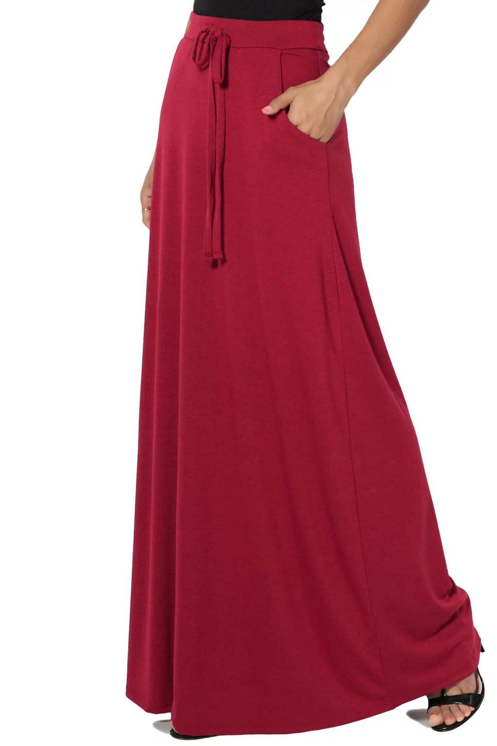 Women's PLUS Drawstring Waist Pocket Drapey Jersey A-Line Long Maxi Skirt A4455