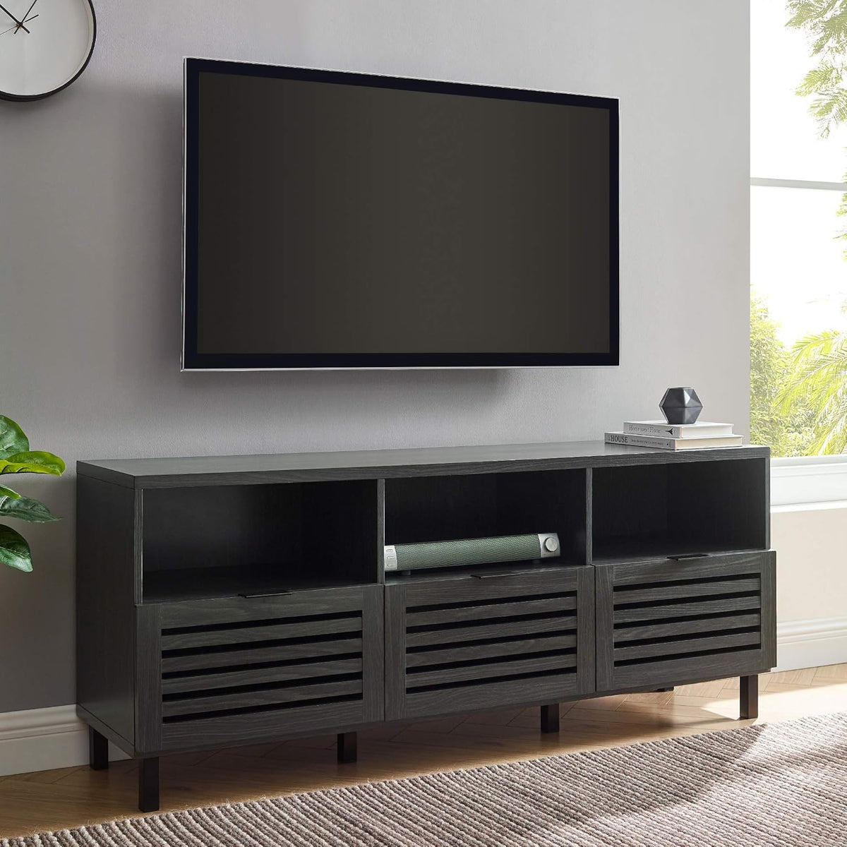 Modern Wood TV Stand with Slat Doors, 58 Inch, Dark Walnut T78447
