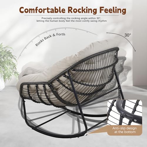 Beige Oversized Wicker Rocking Chair with Cushion D95418