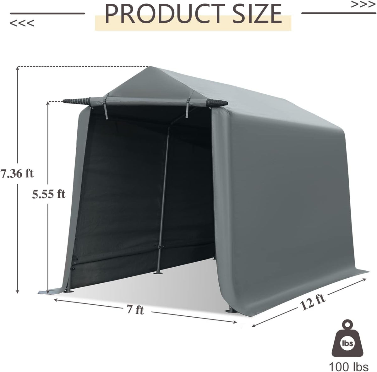 7x12 ft Gray Portable Storage Shed with Roll-up Zipper Door F64931