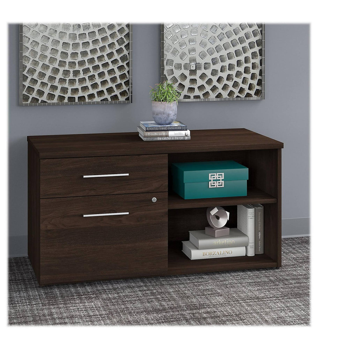 Black Walnut Low Storage Cabinet with Drawers and Shelves D586701