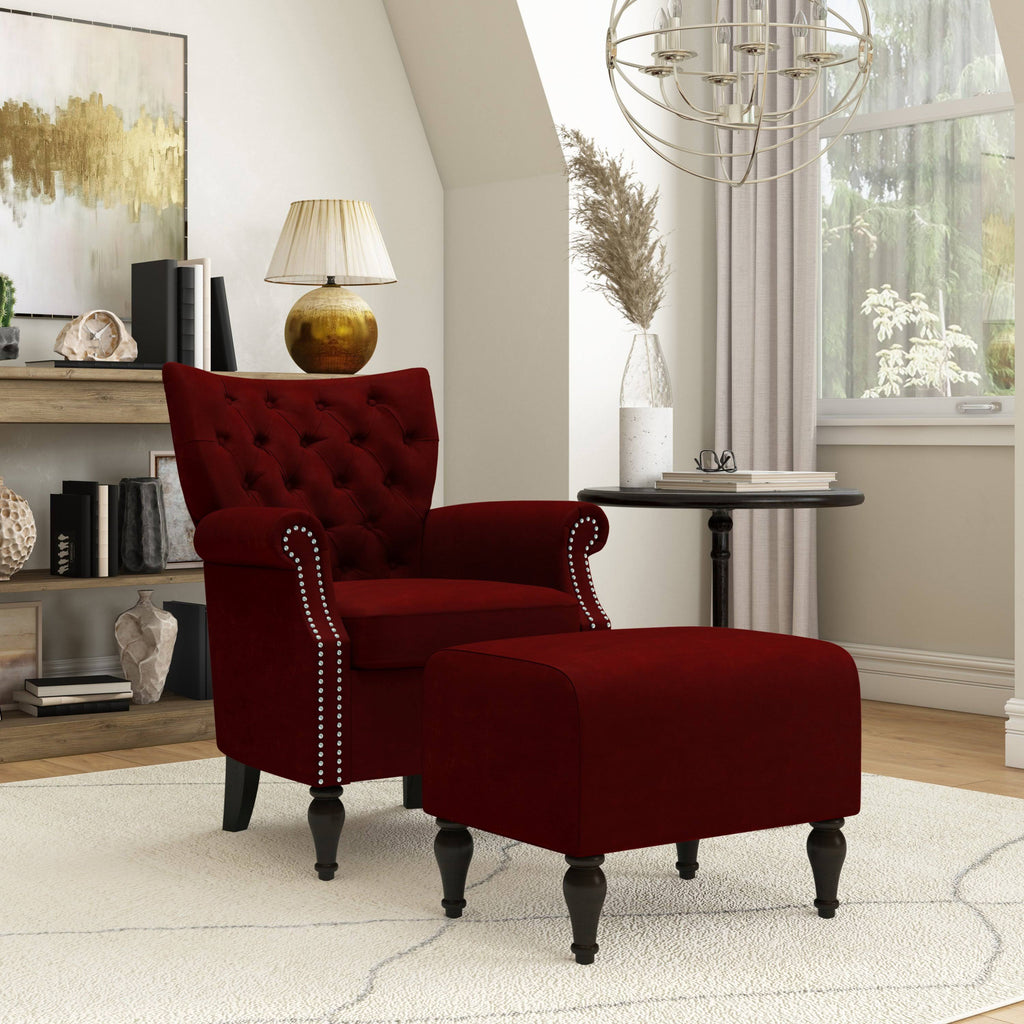 Button Tufted Rolled Arm Chair and Ottoman Charcoal Gray Velvet B323601