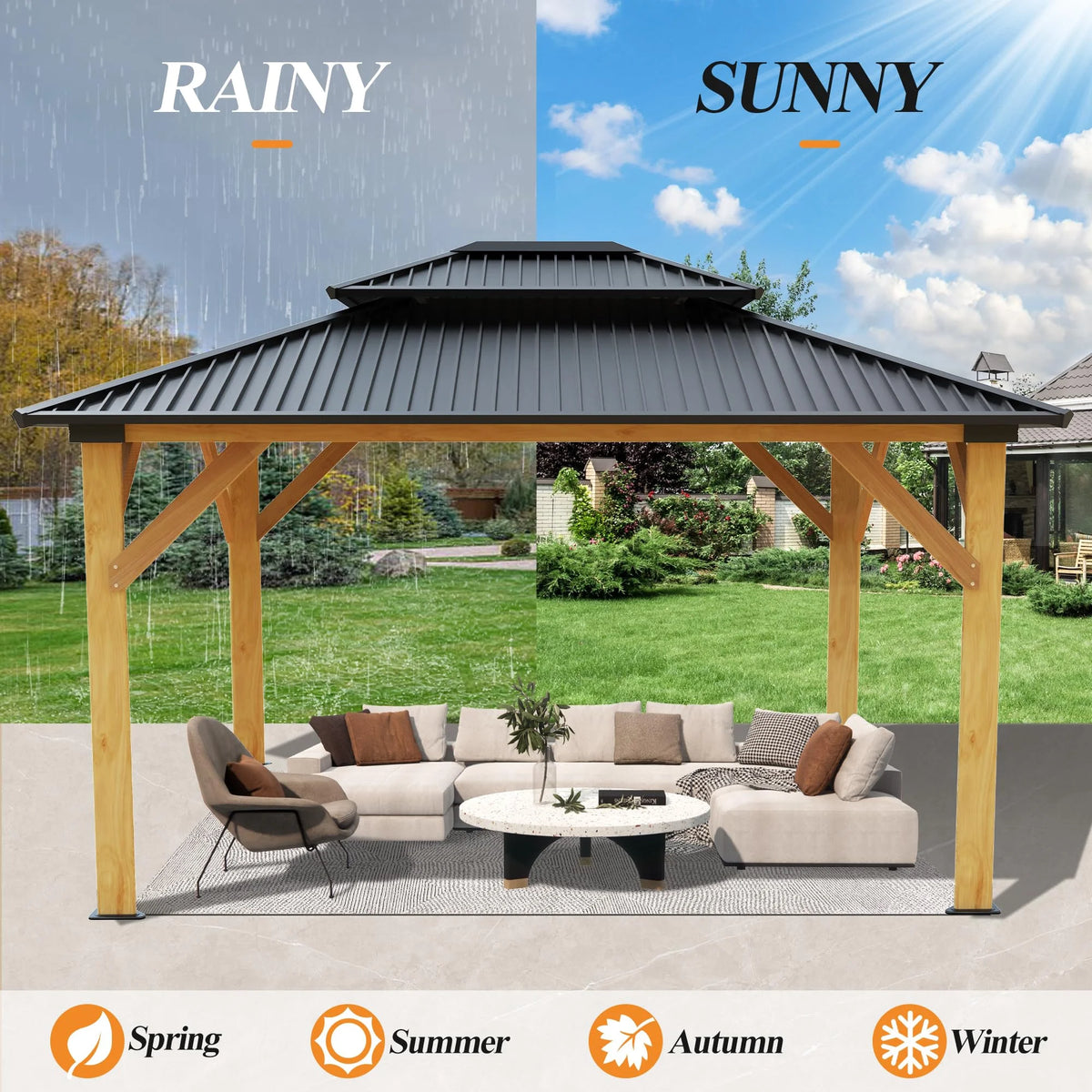 11’x13’ Outdoor Wooden Gazebo with Double Vented Roof P467513