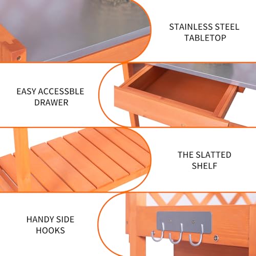 Outdoor Wooden Potting Bench with Metal Tabletop Y33596