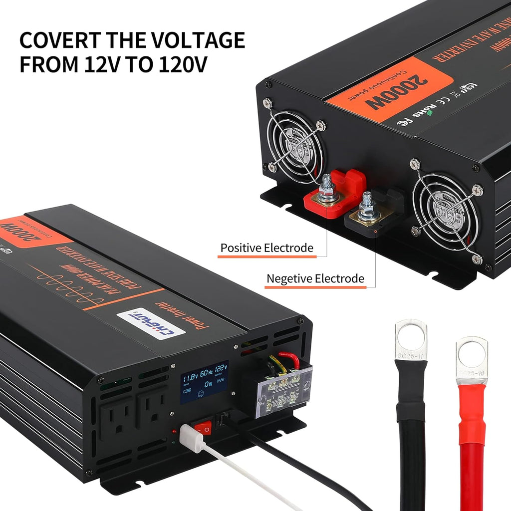 2000W Pure Sine Wave Power Inverter DC 12V to AC 120V with LCD Display Remote Control USB Port B739