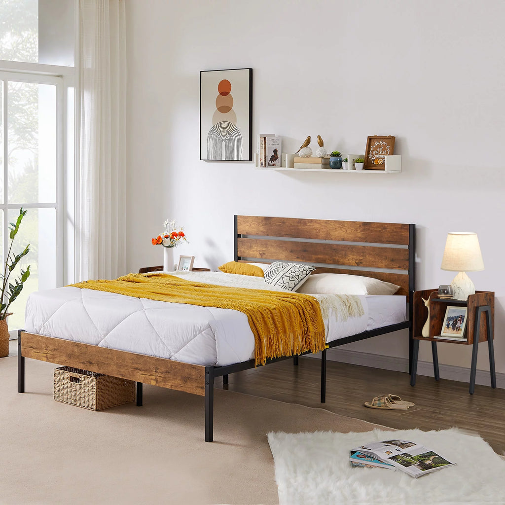 3-Piece Bedroom Set with 2 Nightstands, Full Size Metal Bed Frame with Wooden Headboard, Brown F19692