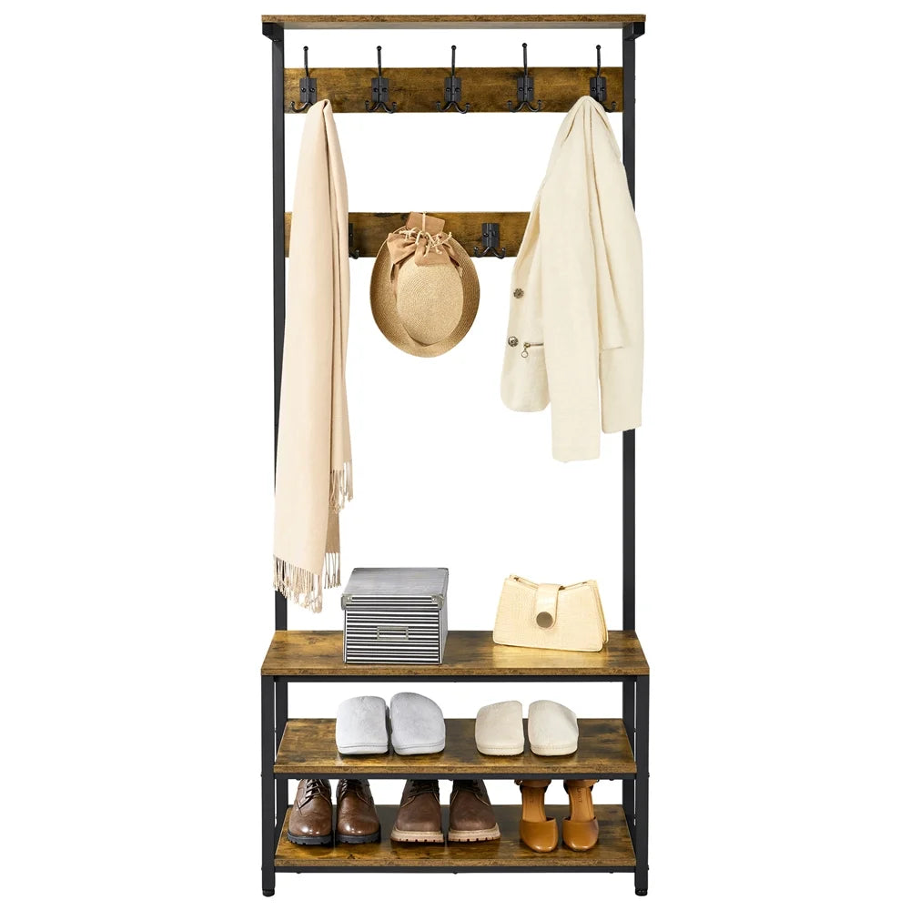 Rustic Brown 3-in-1 Industrial Hall Tree with Shoe Storage & Hooks G610643
