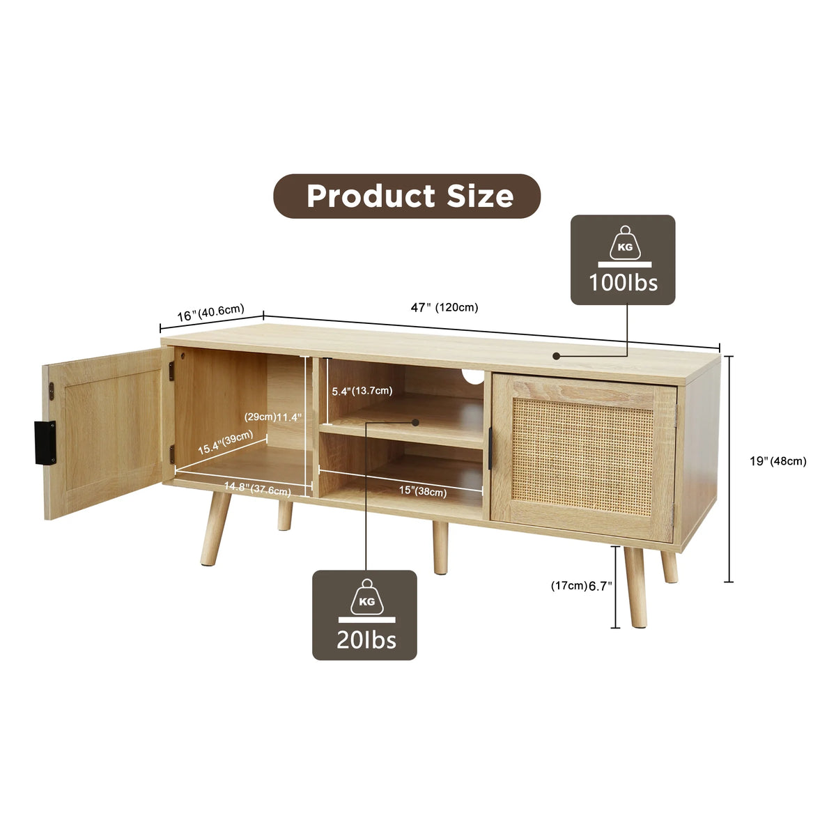 Farmhouse Wood TV Stand for 55 Inch TV with 2 Rattan Doors F270827
