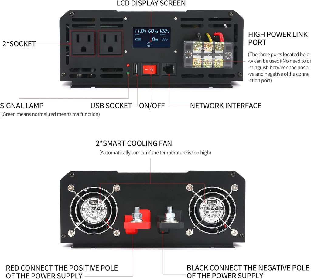 2000W Pure Sine Wave Power Inverter DC 12V to AC 120V with LCD Display Remote Control USB Port B739