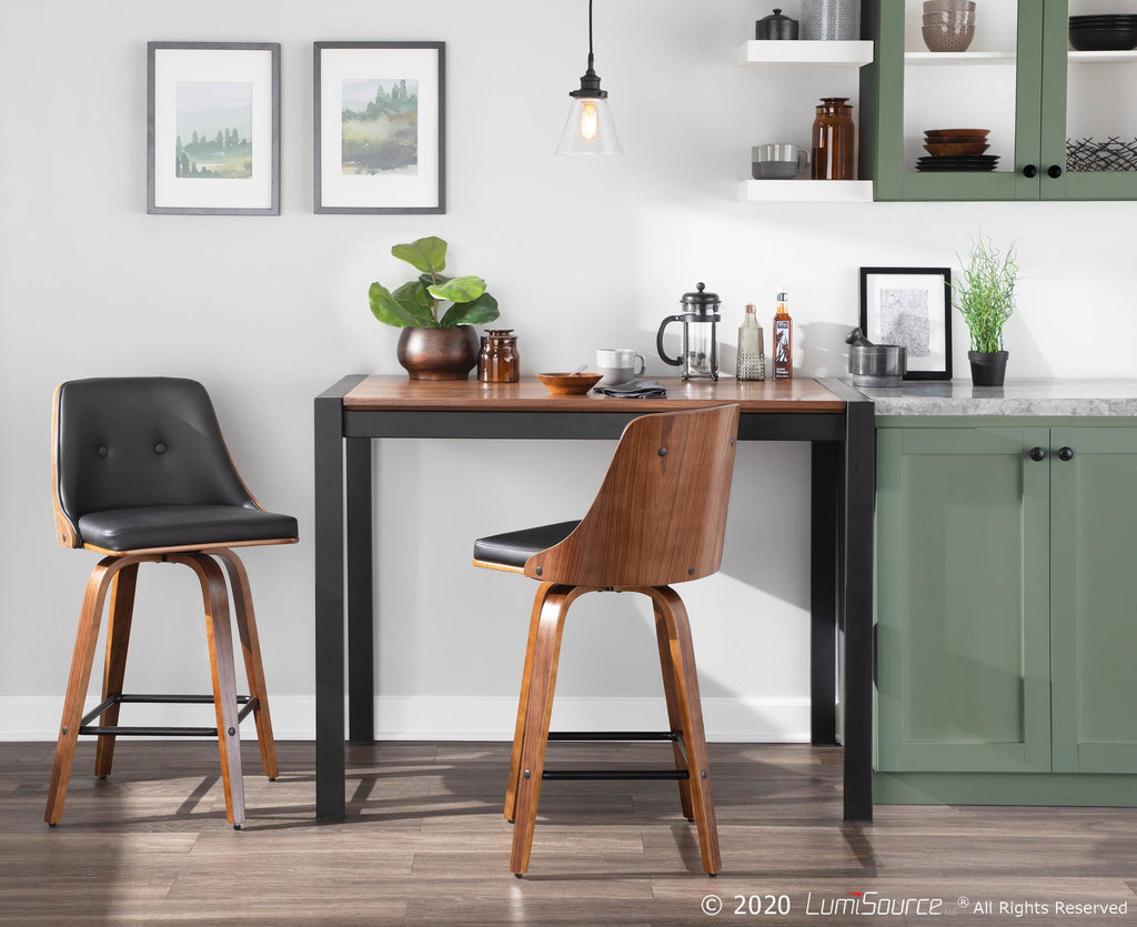 26" Mid-Century Modern Counter Stool in Walnut with Black Faux Leather, Set of 2 R4964