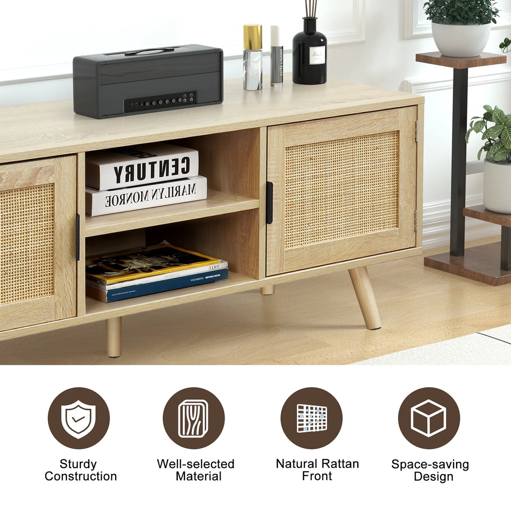 Farmhouse Wood TV Stand for 55 Inch TV with 2 Rattan Doors F270827