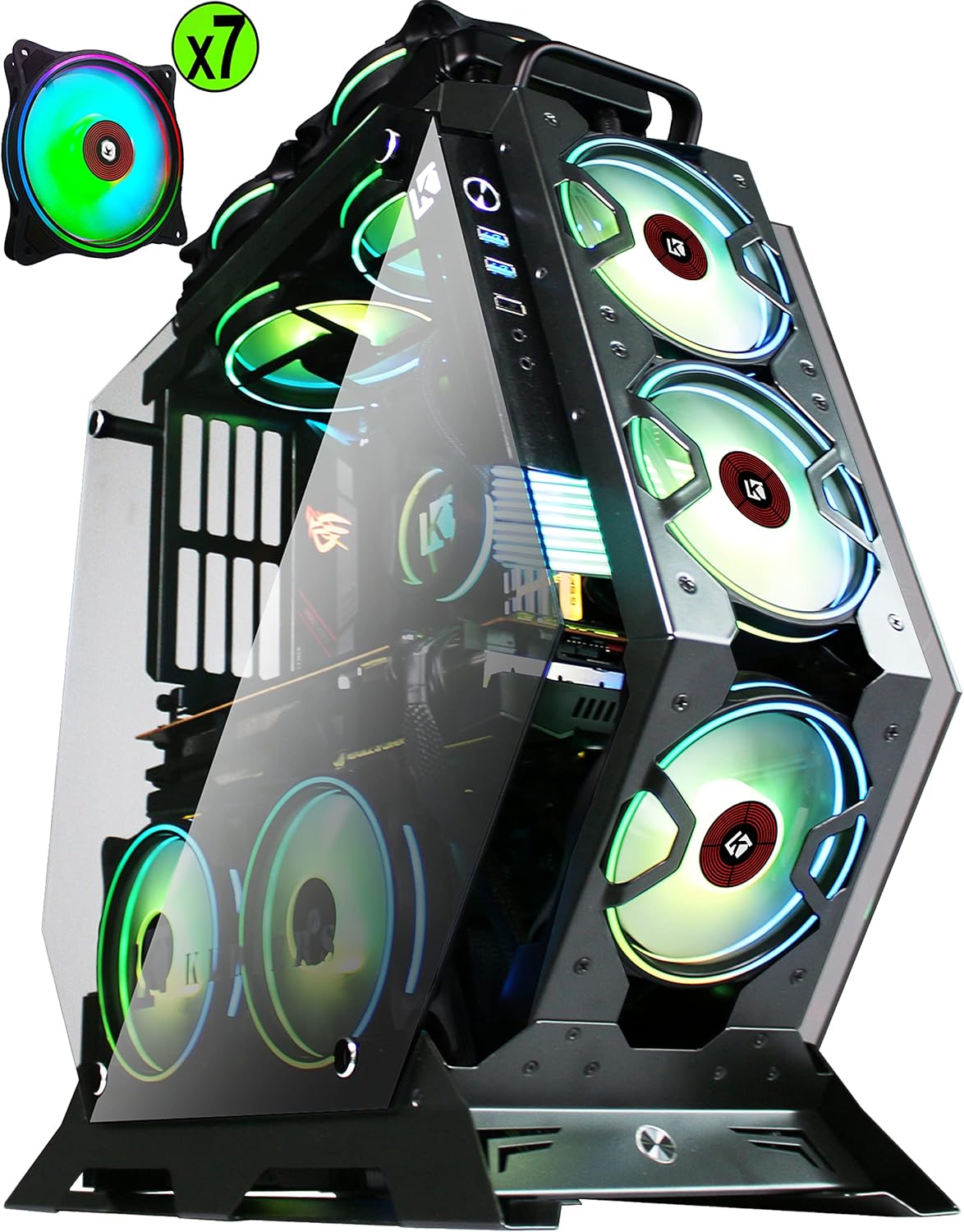 ATX Tower Tempered Glass Gaming PC Case with 7 RGB Fans E2802