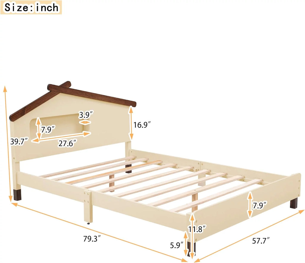 Full Size Wood Platform Bed with House-Shaped Headboard and Night Lights Q8298
