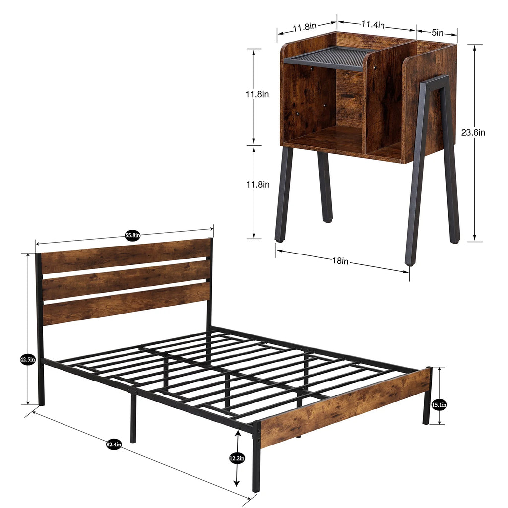 3-Piece Bedroom Set with 2 Nightstands, Full Size Metal Bed Frame with Wooden Headboard, Brown F19692