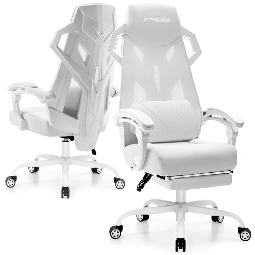 White Mesh Back Gaming Chair with Footrest V338