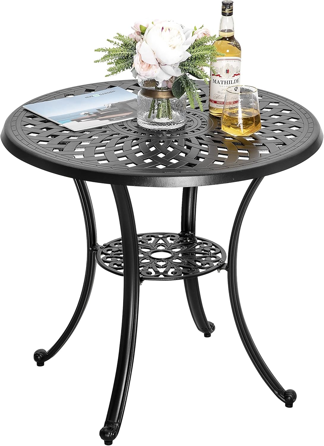 32 Inch Black Cast Aluminum Round Outdoor Dining Table with Umbrella Hole M8196