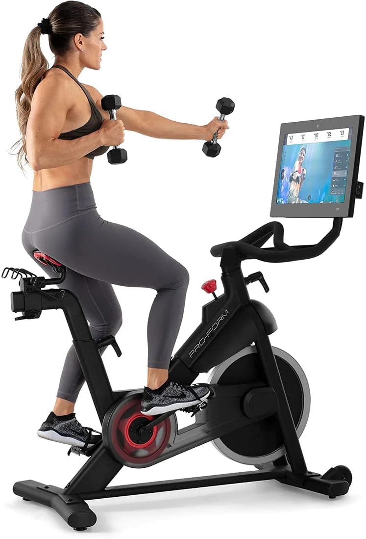 22” HD Touchscreen Exercise Bike with 24 resistance levels, Two 3 lb dumbbells, Black U329128