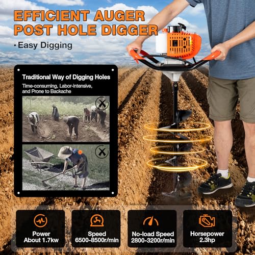 52cc 1700W Gas Powered Auger Post Hole Digger with 3 Drill Bits Z36850