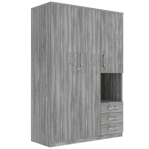 Grey Wooden Armoire Wardrobe with 6-Tier Shelves and 3 Drawers W85882