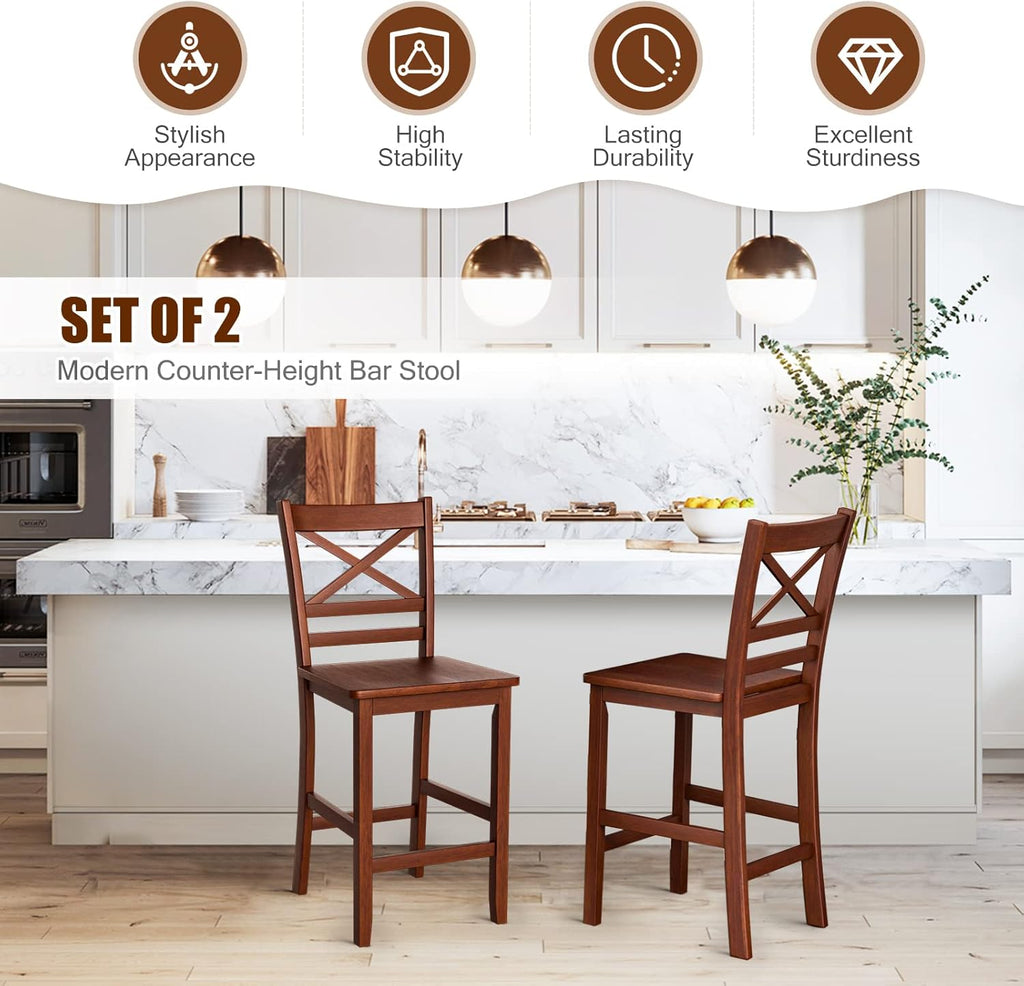 Set of 2 25'' Counter Height Bar Stools with Wooden Backrest A3305