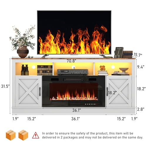 Grey 70 Inch TV Stand with Electric Fireplace and Barn Door Cabinet V91171