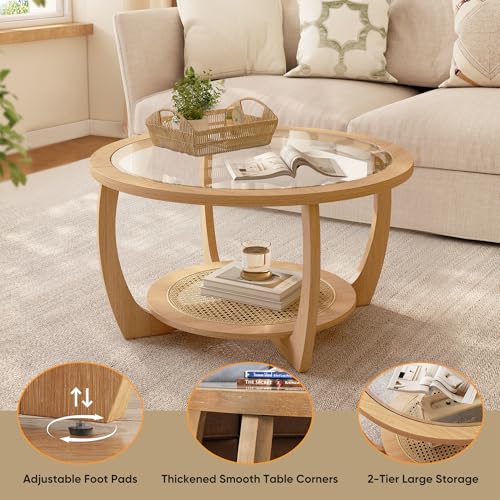 Round Wood Glass Rattan Coffee Table A1180