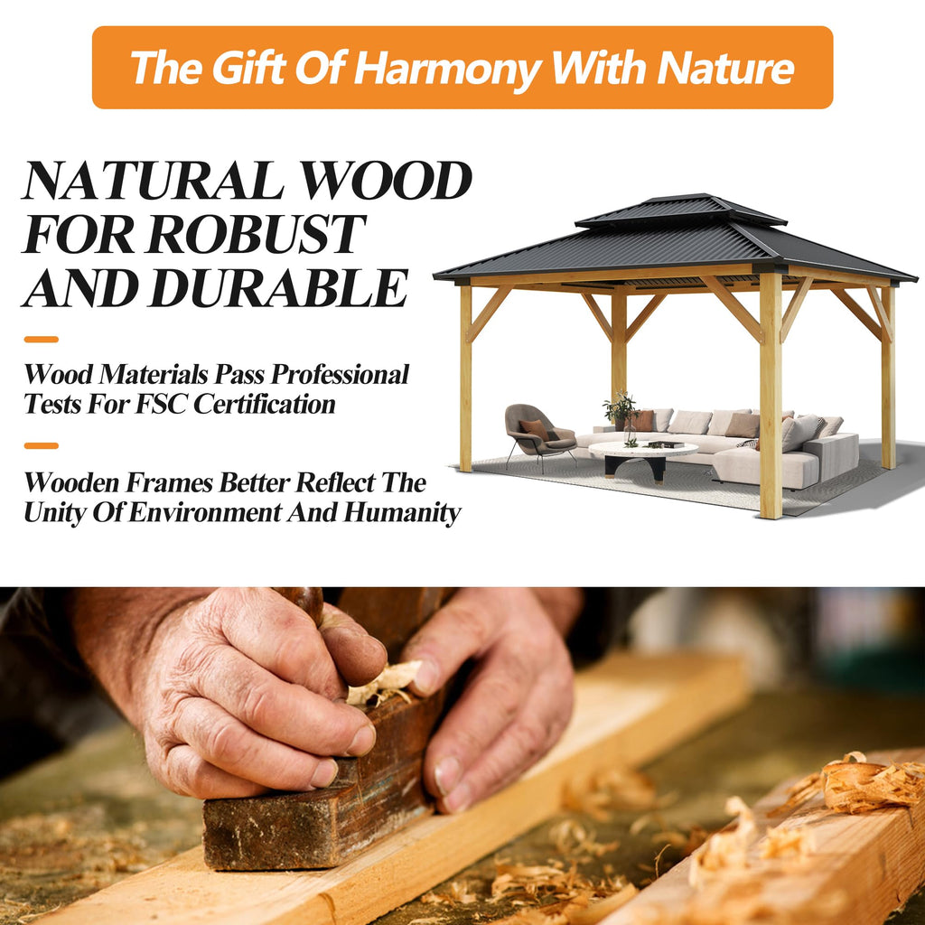 11’x13’ Outdoor Wooden Gazebo with Double Vented Roof P467513