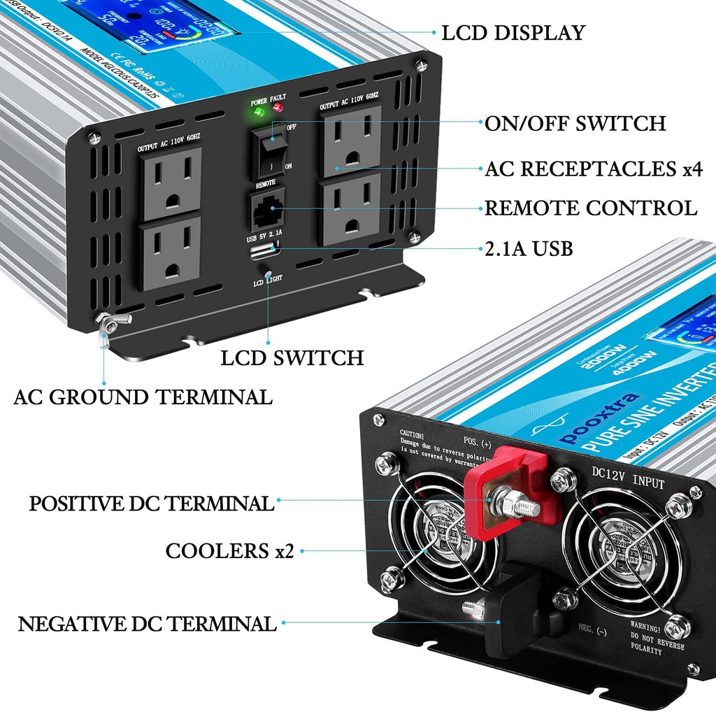 2000 Watt Pure Sine Wave Power Inverter 12V DC to 110V AC with LCD Display USB Port 4 AC Outlets R7298