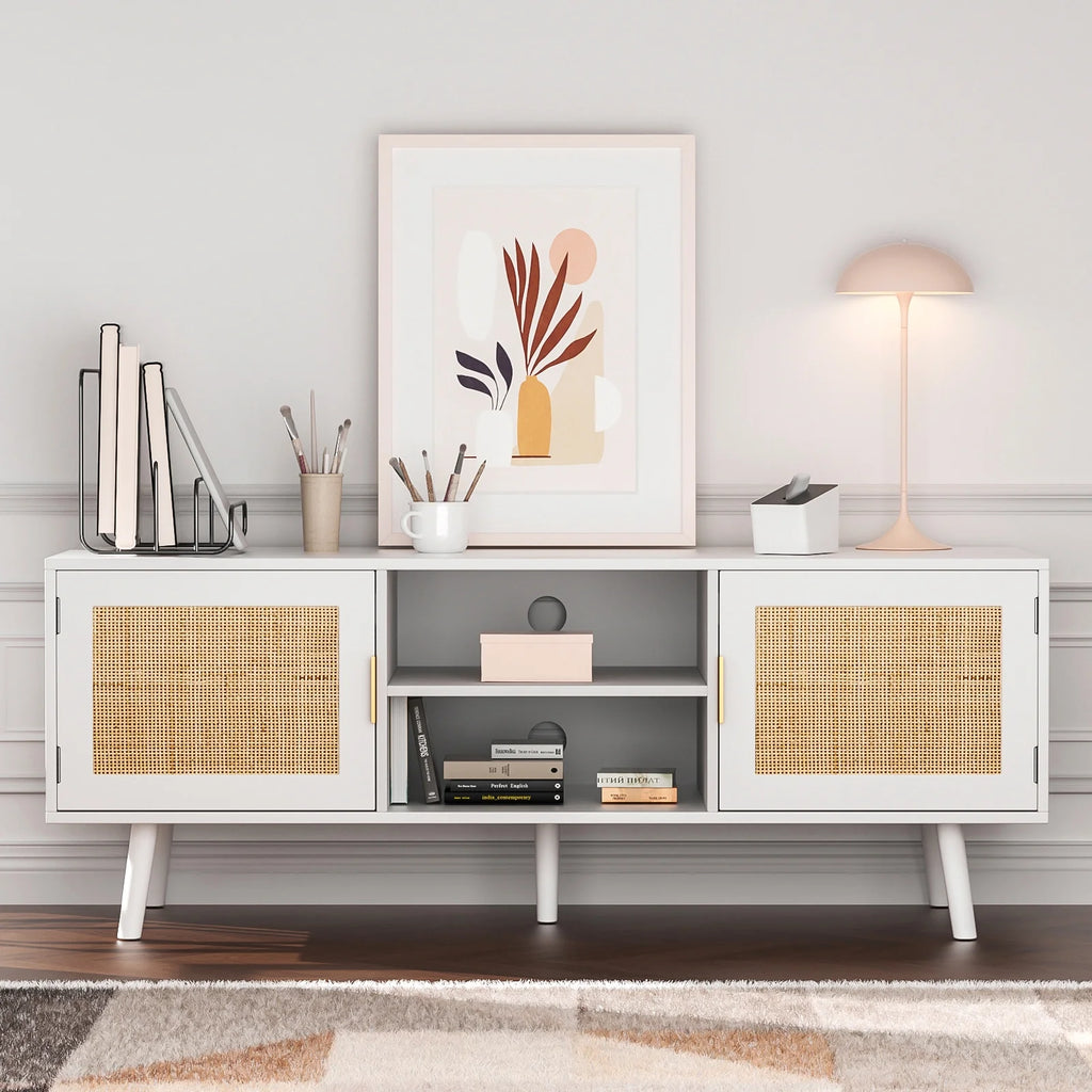 Farmhouse Wood TV Stand for 55 Inch TV with 2 Rattan Doors F270827